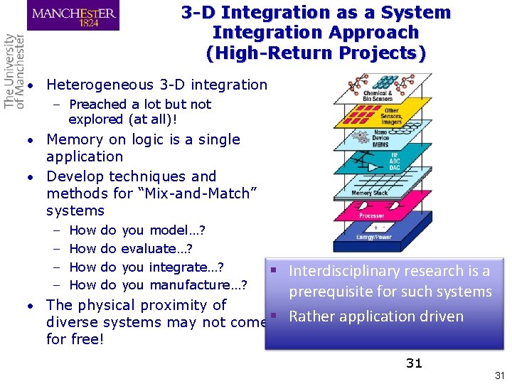 3 -D Integration as a System Integration Approach (High-Return Projects) • Heterogeneous 3 -D