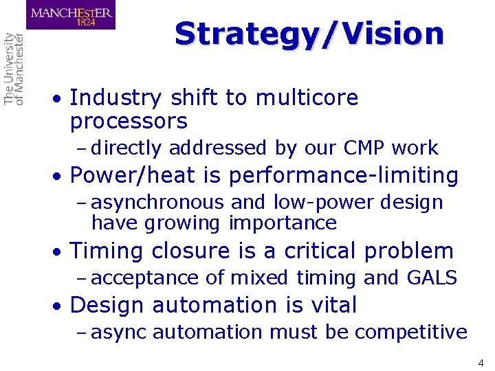 Strategy/Vision • Industry shift to multicore processors – directly addressed by our CMP work