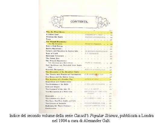 Indice del secondo volume della serie Cassell's Popular Science, pubblicata a Londra nel 1904