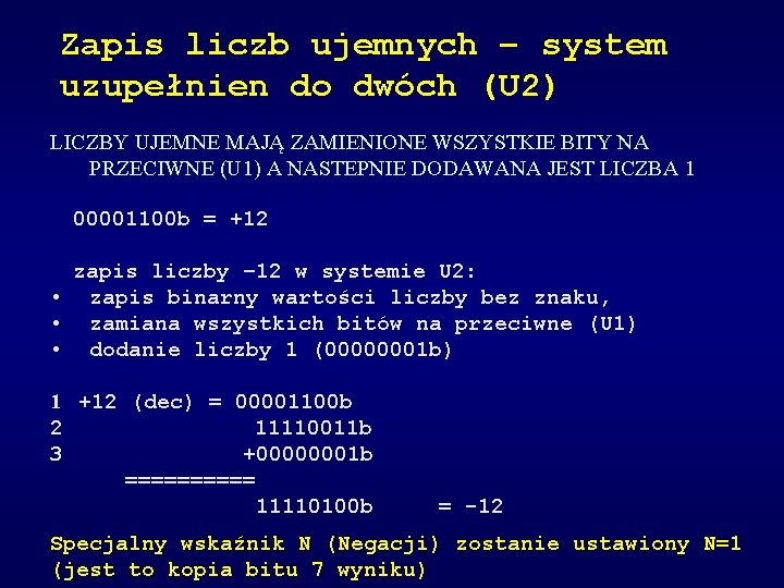 Zapis liczb ujemnych – system uzupełnien do dwóch (U 2) LICZBY UJEMNE MAJĄ ZAMIENIONE