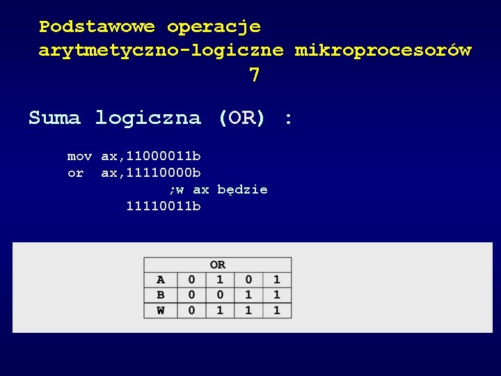 Podstawowe operacje arytmetyczno-logiczne mikroprocesorów 7 Suma logiczna (OR) : mov ax, 11000011 b or