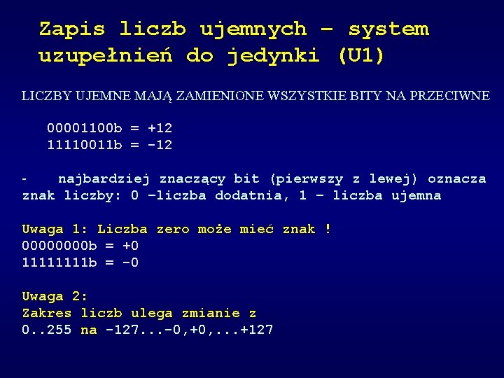 Zapis liczb ujemnych – system uzupełnień do jedynki (U 1) LICZBY UJEMNE MAJĄ ZAMIENIONE