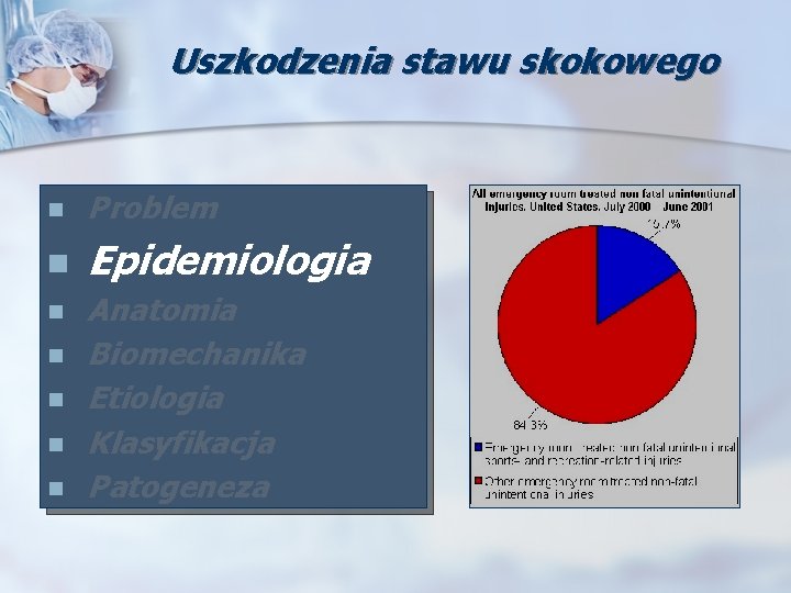 Uszkodzenia stawu skokowego n Problem n Epidemiologia n n n Anatomia Biomechanika Etiologia Klasyfikacja