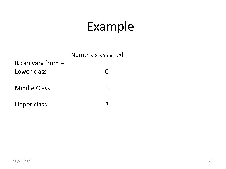 Example It can vary from – Lower class Numerals assigned 0 Middle Class 1