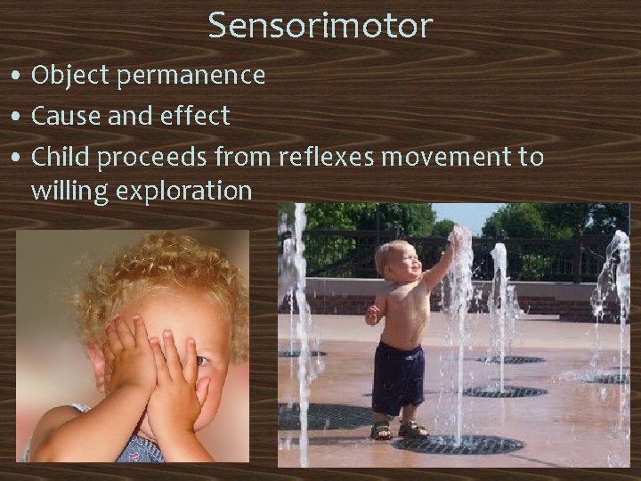 Sensorimotor • Object permanence • Cause and effect • Child proceeds from reflexes movement