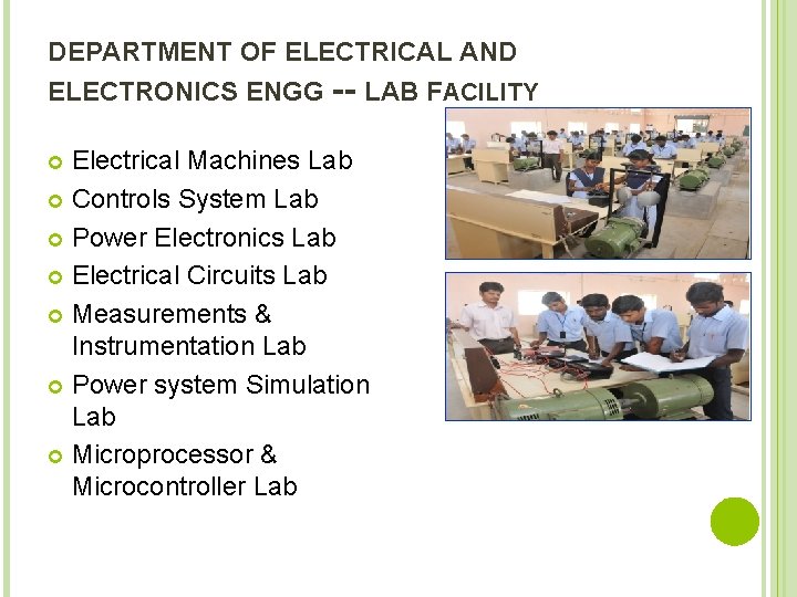 DEPARTMENT OF ELECTRICAL AND ELECTRONICS ENGG -- LAB FACILITY Electrical Machines Lab Controls System