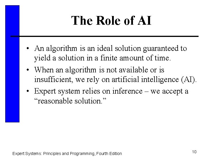 The Role of AI • An algorithm is an ideal solution guaranteed to yield