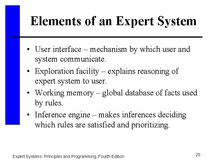 Elements of an Expert System • User interface – mechanism by which user and