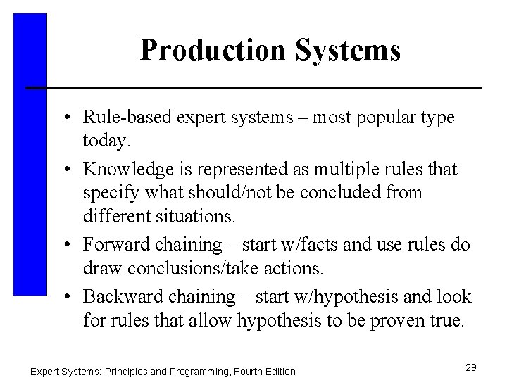 Production Systems • Rule-based expert systems – most popular type today. • Knowledge is