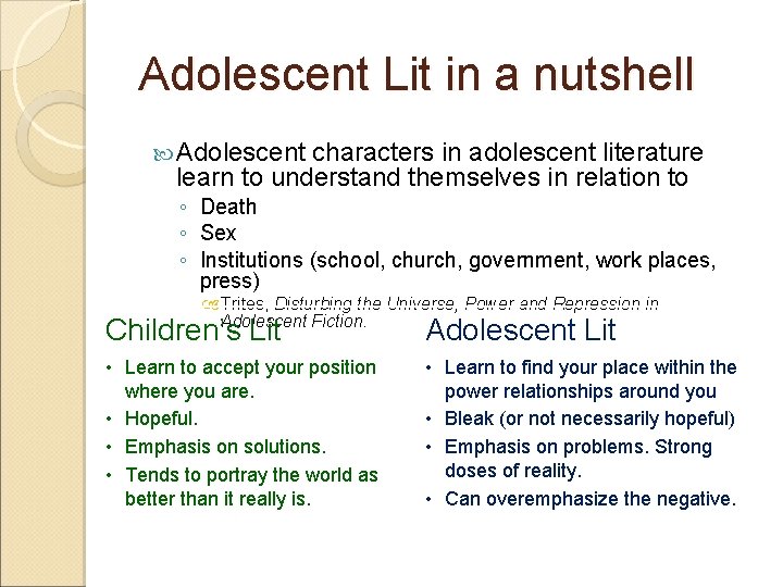 Adolescent Lit in a nutshell Adolescent characters in adolescent literature learn to understand themselves