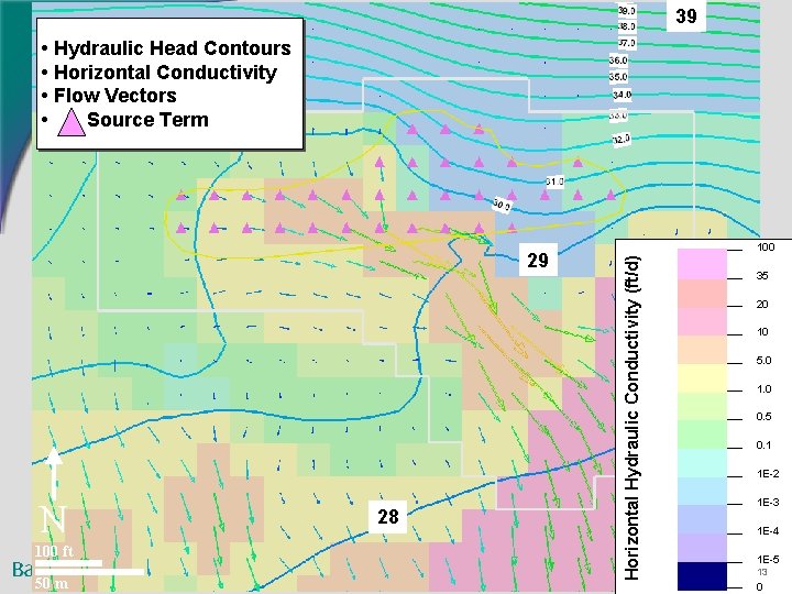39 • Hydraulic Head Contours • Horizontal Conductivity • Flow Vectors • Source Term 39 • Hydraulic Head Contours • Horizontal Conductivity • Flow Vectors • Source Term