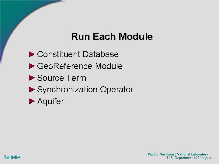 Run Each Module Constituent Database Geo. Reference Module Source Term Synchronization Operator Aquifer 29 Run Each Module Constituent Database Geo. Reference Module Source Term Synchronization Operator Aquifer 29