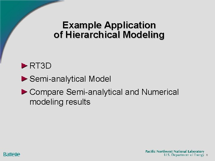 Example Application of Hierarchical Modeling RT 3 D Semi-analytical Model Compare Semi-analytical and Numerical Example Application of Hierarchical Modeling RT 3 D Semi-analytical Model Compare Semi-analytical and Numerical