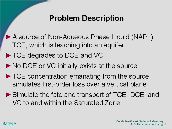 Problem Description A source of Non-Aqueous Phase Liquid (NAPL) TCE, which is leaching into Problem Description A source of Non-Aqueous Phase Liquid (NAPL) TCE, which is leaching into
