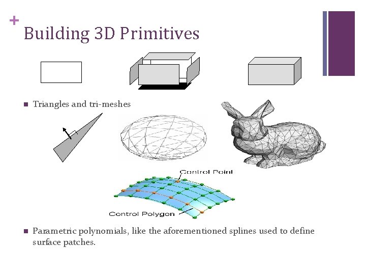 + Building 3 D Primitives n Triangles and tri-meshes n Parametric polynomials, like the