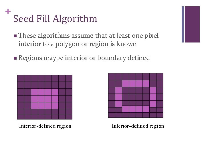 + Seed Fill Algorithm n These algorithms assume that at least one pixel interior