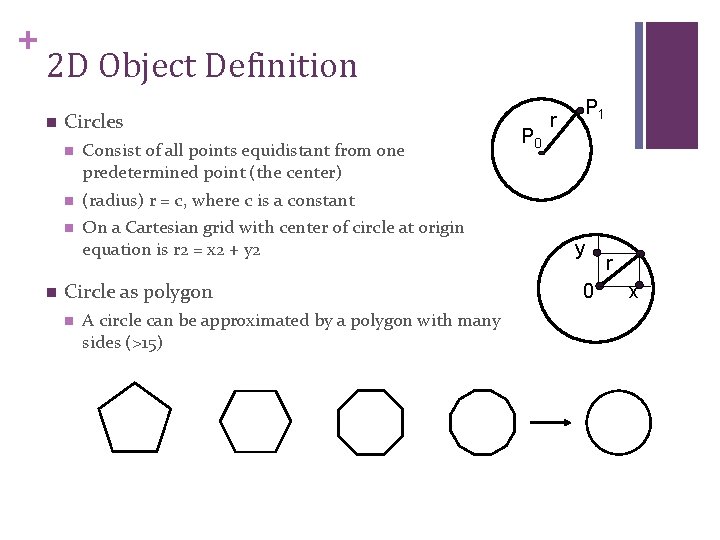 + 2 D Object Definition n n Circles n Consist of all points equidistant