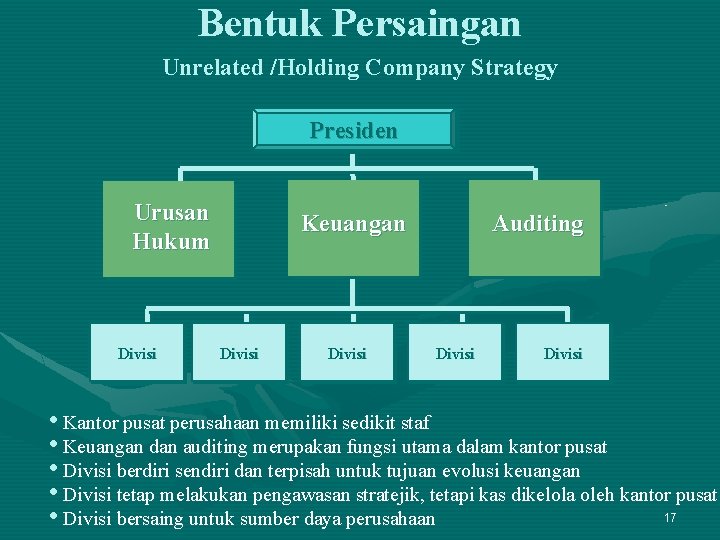 Bentuk Persaingan Unrelated /Holding Company Strategy Presiden Urusan Hukum Divisi Keuangan Divisi Auditing Divisi