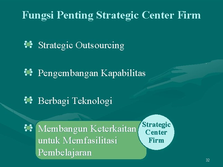 Fungsi Penting Strategic Center Firm Strategic Outsourcing Pengembangan Kapabilitas Berbagi Teknologi Membangun Keterkaitan untuk