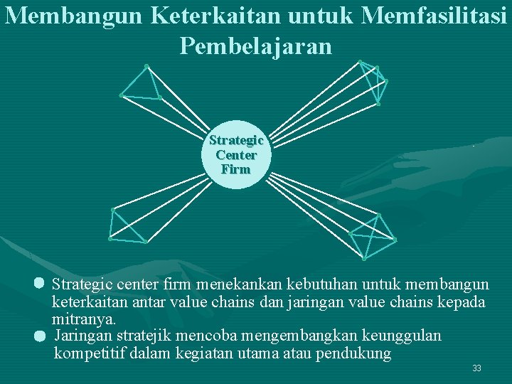 Membangun Keterkaitan untuk Memfasilitasi Pembelajaran Strategic Center Firm Strategic center firm menekankan kebutuhan untuk