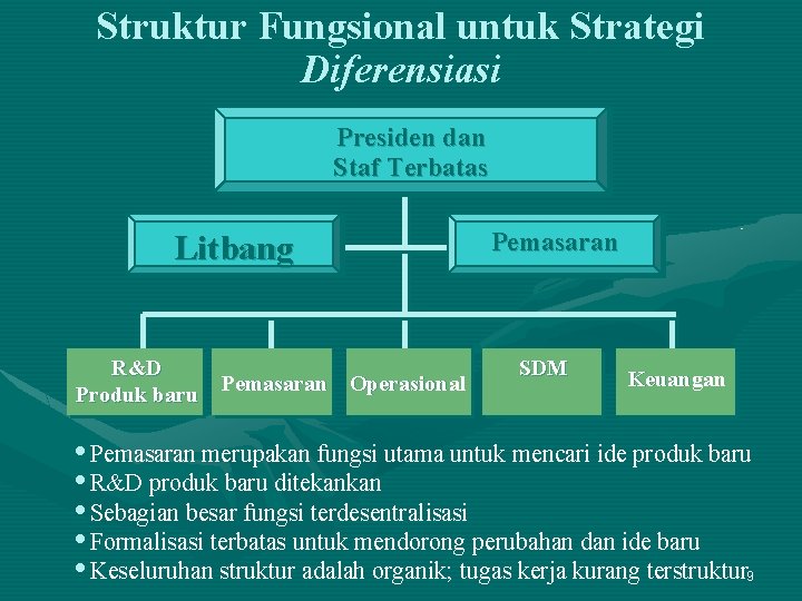 Struktur Fungsional untuk Strategi Diferensiasi Presiden dan Staf Terbatas Litbang R&D Pemasaran Operasional Produk