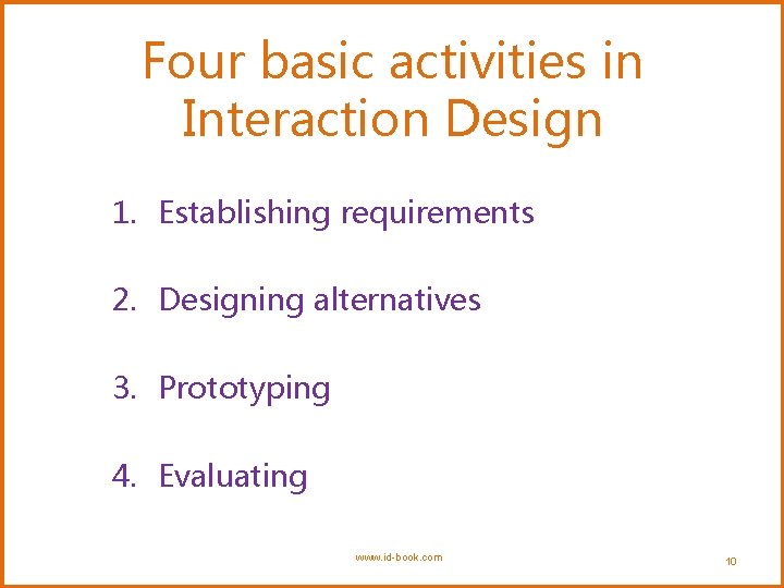 Four basic activities in Interaction Design 1. Establishing requirements 2. Designing alternatives 3. Prototyping