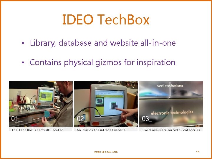 IDEO Tech. Box • Library, database and website all-in-one • Contains physical gizmos for