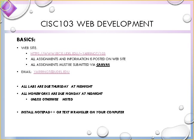 CISC 103 WEB DEVELOPMENT BASICS: • WEB SITE: • HTTPS: //WWW. EECIS. UDEL. EDU/~YARRINGT/103