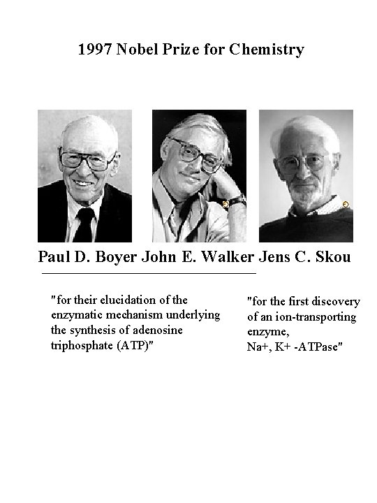 1997 Nobel Prize for Chemistry Paul D. Boyer John E. Walker Jens C. Skou