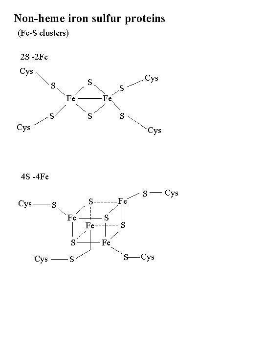 Non-heme iron sulfur proteins (Fe-S clusters) 2 S -2 Fe Cys S S Fe