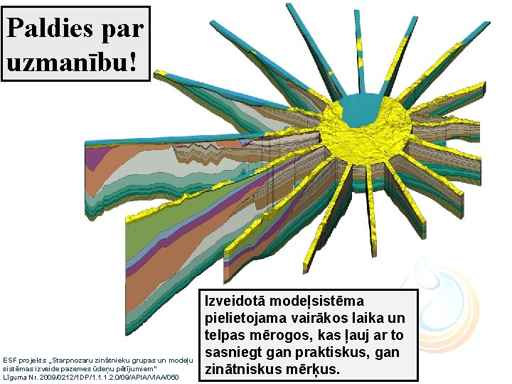 Paldies par uzmanību! ESF projekts „Starpnozaru zinātnieku grupas un modeļu sistēmas izveide pazemes ūdeņu