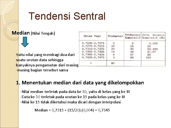 Tendensi Sentral Median (Nilai Tengah) Yaitu nilai yang membagi dua dari suatu urutan data
