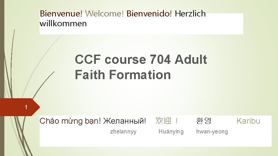 Bienvenue! Welcome! Bienvenido! Herzlich willkommen CCF course 704 Adult Faith Formation 1 Chào mừng