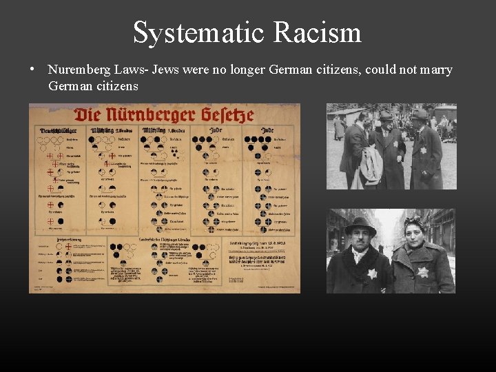 Systematic Racism • Nuremberg Laws- Jews were no longer German citizens, could not marry