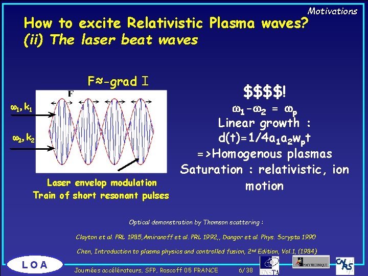 Motivations How to excite Relativistic Plasma waves? (ii) The laser beat waves F≈-grad I