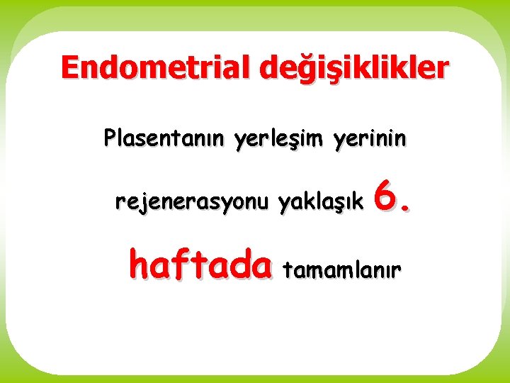 Endometrial değişiklikler Plasentanın yerleşim yerinin rejenerasyonu yaklaşık 6. haftada tamamlanır 