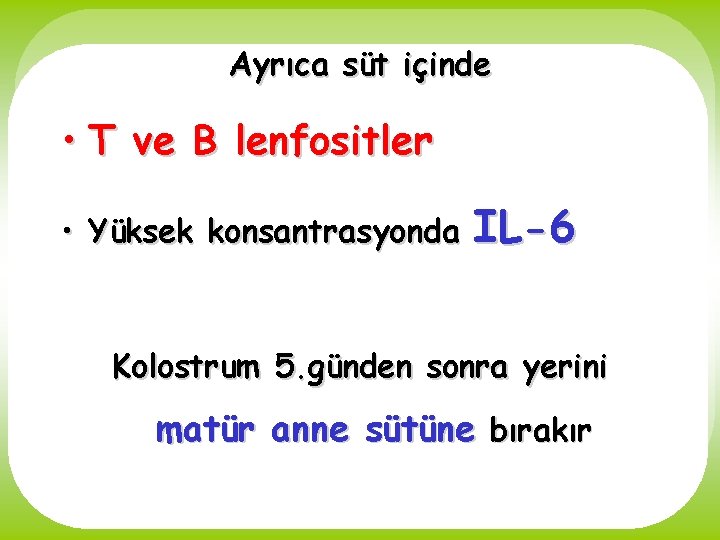 Ayrıca süt içinde • T ve B lenfositler • Yüksek konsantrasyonda IL-6 Kolostrum 5.