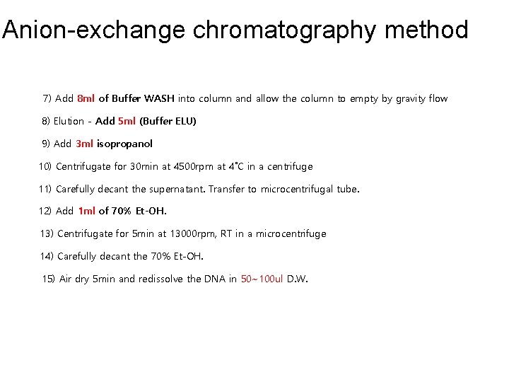 Anion-exchange chromatography method 7) Add 8 ml of Buffer WASH into column and allow