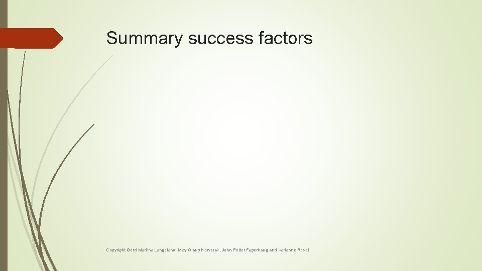 Summary success factors Copyright Gerd Martina Langeland, May Olaug Horverak, John Petter Fagerhaug and Summary success factors Copyright Gerd Martina Langeland, May Olaug Horverak, John Petter Fagerhaug and
