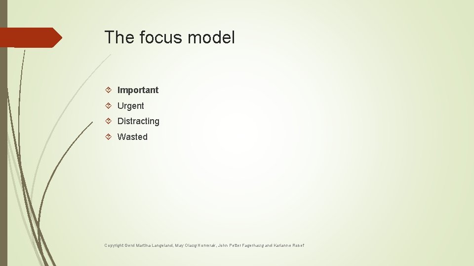 The focus model Important Urgent Distracting Wasted Copyright Gerd Martina Langeland, May Olaug Horverak, The focus model Important Urgent Distracting Wasted Copyright Gerd Martina Langeland, May Olaug Horverak,