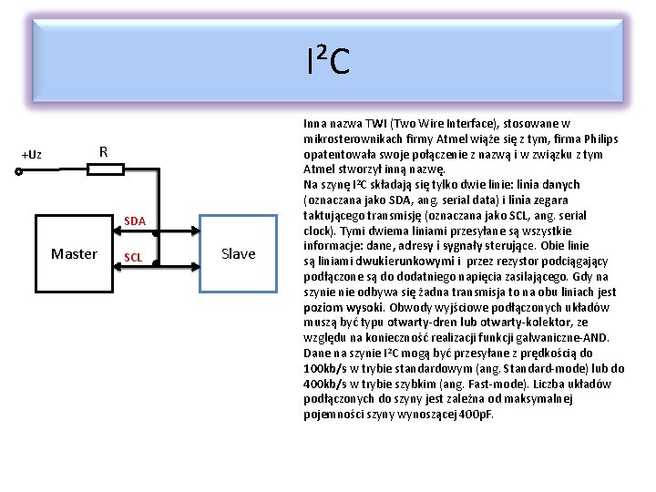 I²C R +Uz SDA Master SCL Slave Inna nazwa TWI (Two Wire Interface), stosowane