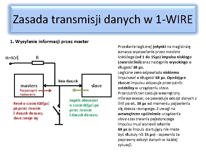 Zasada transmisji danych w 1 -WIRE 1. Wysyłanie informacji przez master Uz=5[V] R masters