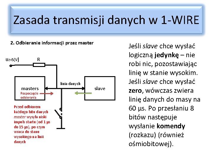 Zasada transmisji danych w 1 -WIRE 2. Odbieranie informacji przez master Uz=5[V] R masters