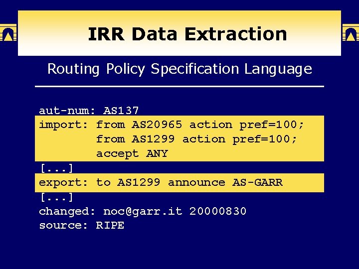 IRR Data Extraction Routing Policy Specification Language aut-num: AS 137 import: from AS 20965