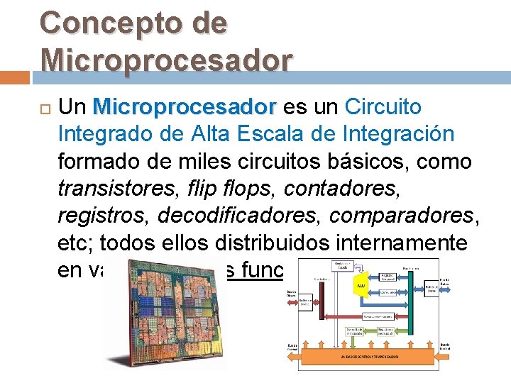 Concepto de Microprocesador Un Microprocesador es un Circuito Integrado de Alta Escala de Integración