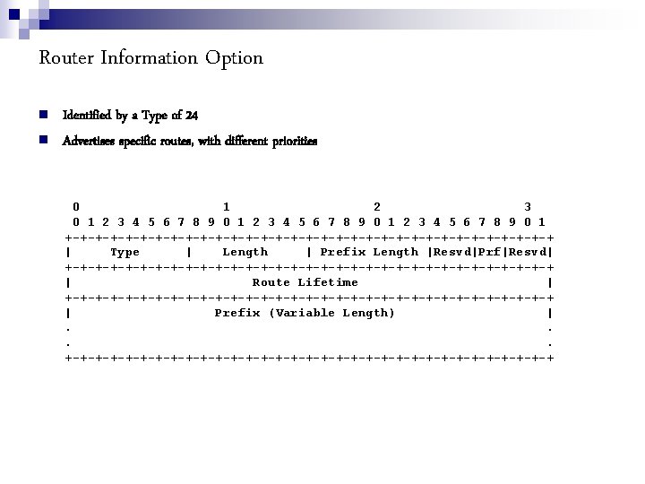 Router Information Option Identified by a Type of 24 Advertises specific routes, with different