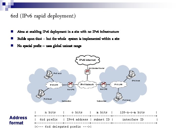 6 rd (IPv 6 rapid deployment) Aims at enabling IPv 6 deployment in a