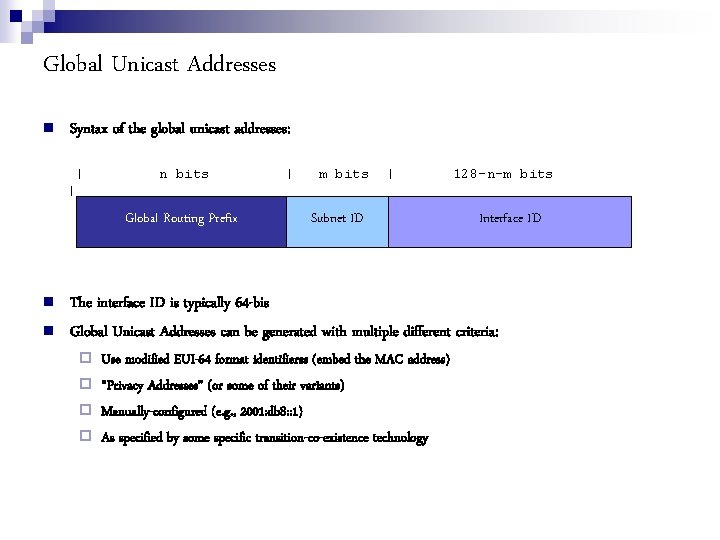 Global Unicast Addresses Syntax of the global unicast addresses: | n bits | m