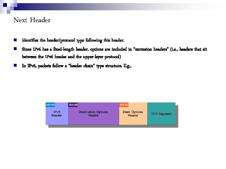 Next Header Identifies the header/protocol type following this header. Since IPv 6 has a
