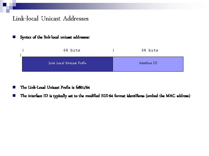 Link-local Unicast Addresses Syntax of the link-local unicast addresses: | 64 bits | Link